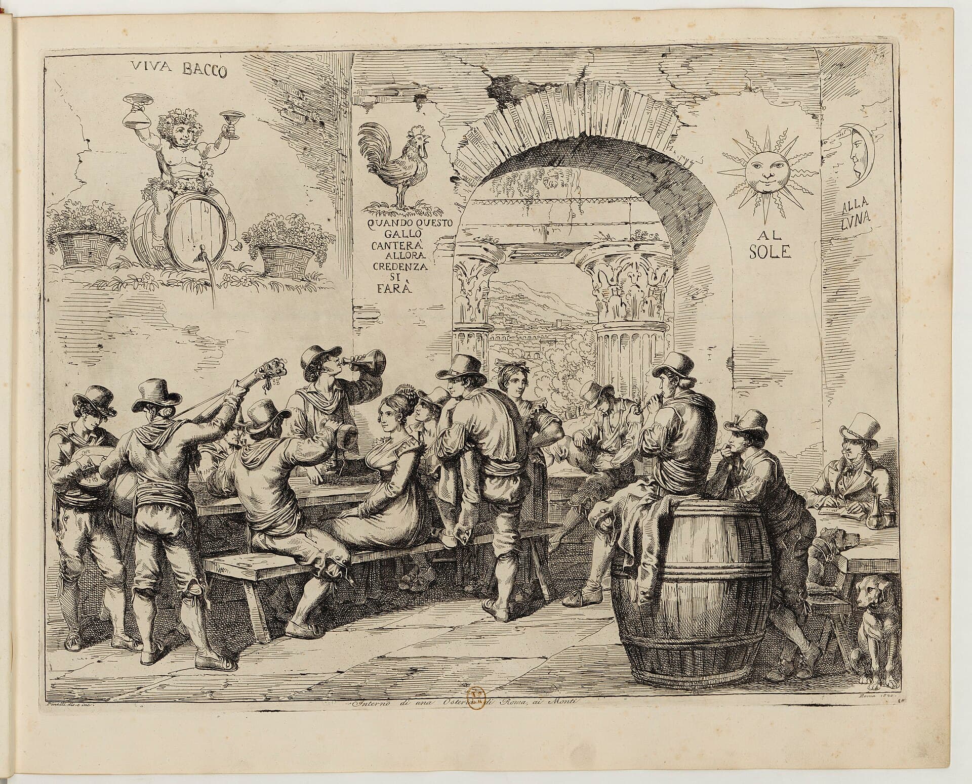 Incisione: avventori di un'osteria romana bevono e cantano; sul muro sono dipinti un gallo e il proverbio «Quando questo gallo canterà, allora credenza si farà».
